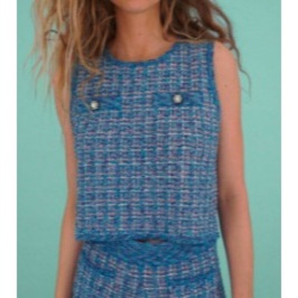Zara Women's M Multicolor Tweed Sleeveless Knit Tank Top With Rhinestone Button